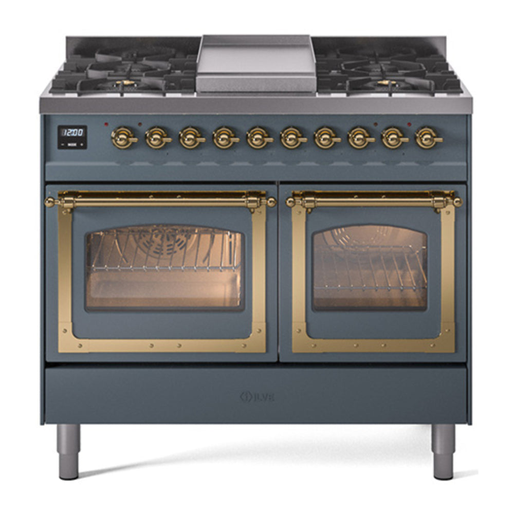 ILVE Nostalgie II Noblesse 40" Blue Grey Dual Fuel Range with 6 Burners and Griddle Triple Glass Door Natural Gas