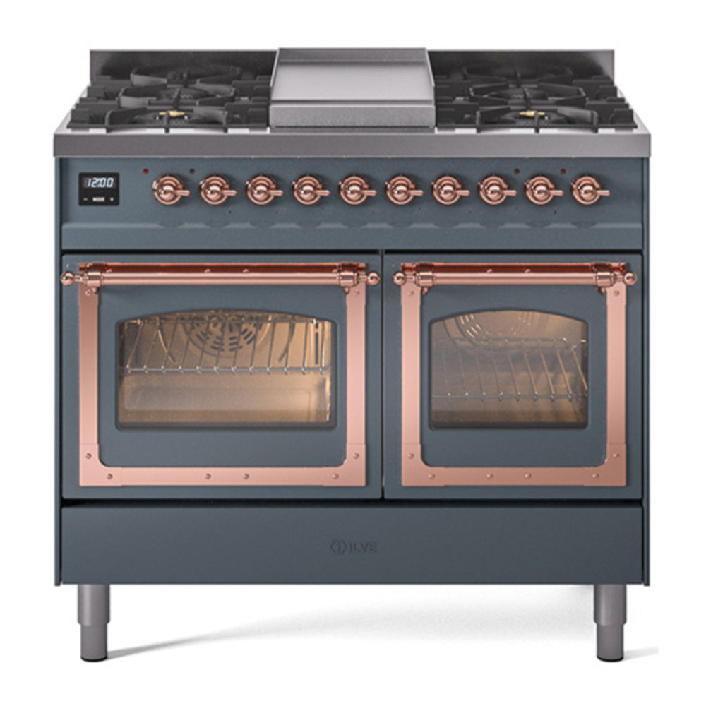 ILVE Nostalgie II Noblesse 40" Blue Grey Dual Fuel Range with 6 Burners and Griddle Triple Glass Door Natural Gas