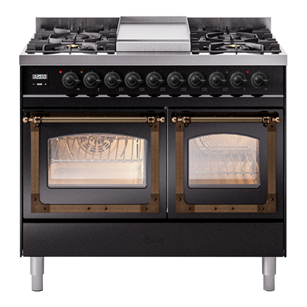 ILVE Nostalgie II Noblesse 40" Glossy Black Dual Fuel Range with 6 Burners and Griddle Triple Glass Door Natural Gas