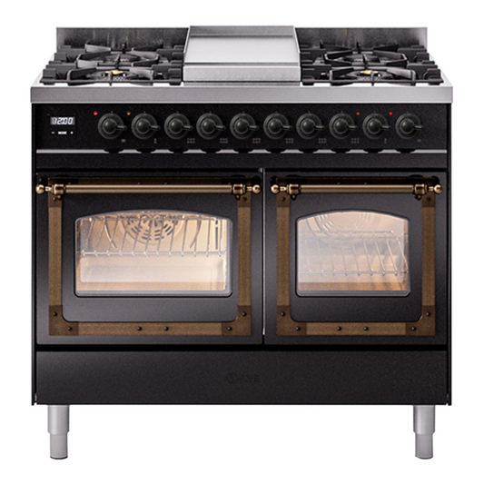 ILVE Nostalgie II Noblesse 40" Glossy Black Dual Fuel Range with 6 Burners and Griddle Triple Glass Door Natural Gas