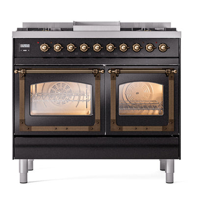 ILVE Nostalgie II Noblesse 40" Glossy Black Dual Fuel Range with 6 Burners and Griddle Triple Glass Door Natural Gas