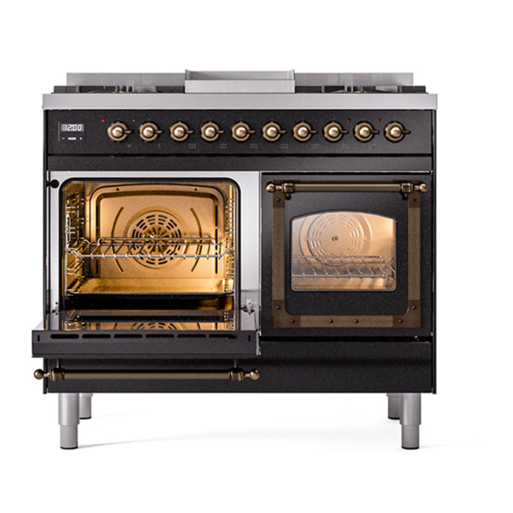 ILVE Nostalgie II Noblesse 40" Glossy Black Dual Fuel Range with 6 Burners and Griddle Triple Glass Door Natural Gas