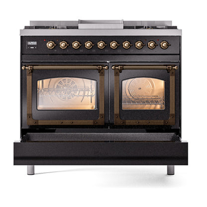 ILVE Nostalgie II Noblesse 40" Glossy Black Dual Fuel Range with 6 Burners and Griddle Triple Glass Door Natural Gas