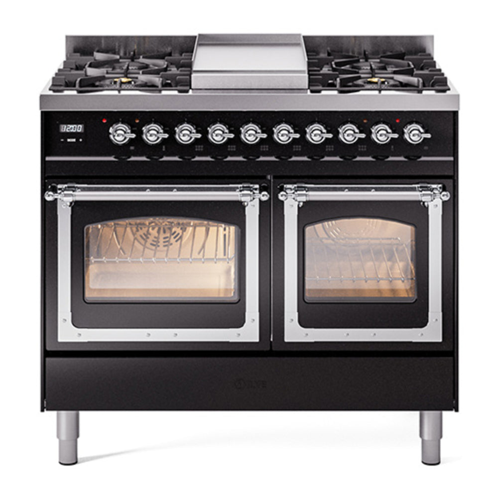 ILVE Nostalgie II Noblesse 40" Glossy Black Dual Fuel Range with 6 Burners and Griddle Triple Glass Door Natural Gas