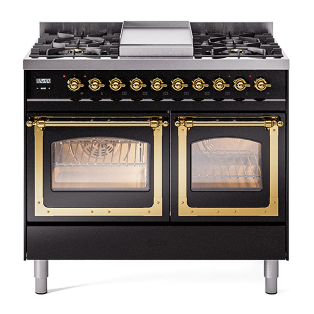 ILVE Nostalgie II Noblesse 40" Glossy Black Dual Fuel Range with 6 Burners and Griddle Triple Glass Door Natural Gas
