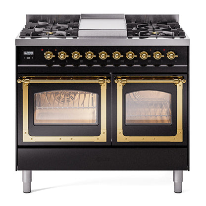 ILVE Nostalgie II Noblesse 40" Glossy Black Dual Fuel Range with 6 Burners and Griddle Triple Glass Door Natural Gas