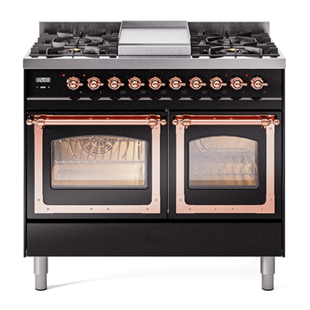 ILVE Nostalgie II Noblesse 40" Glossy Black Dual Fuel Range with 6 Burners and Griddle Triple Glass Door Natural Gas