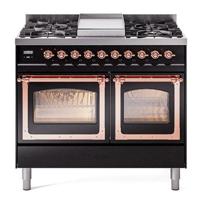 ILVE Nostalgie II Noblesse 40" Glossy Black Dual Fuel Range with 6 Burners and Griddle Triple Glass Door Natural Gas