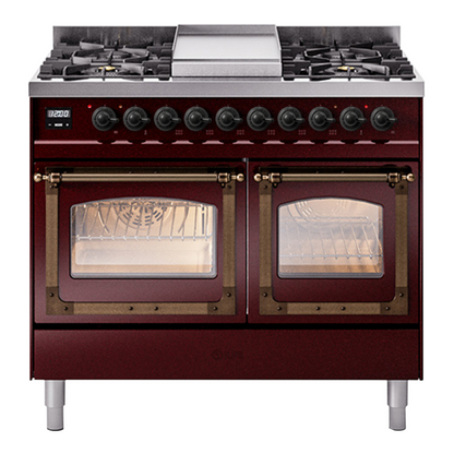 ILVE Nostalgie II Noblesse 40" Burgundy Dual Fuel Range with 6 Burners and Griddle Triple Glass Door Natural Gas