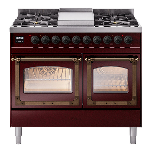 ILVE Nostalgie II Noblesse 40" Burgundy Dual Fuel Range with 6 Burners and Griddle Triple Glass Door Natural Gas