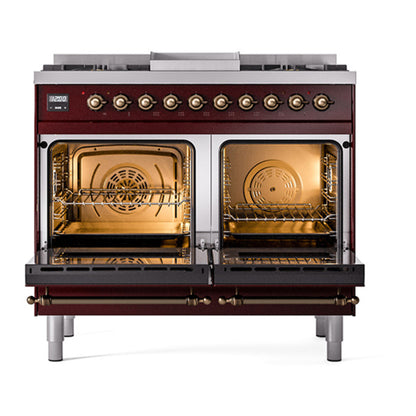 ILVE Nostalgie II Noblesse 40" Burgundy Dual Fuel Range with 6 Burners and Griddle Triple Glass Door Natural Gas