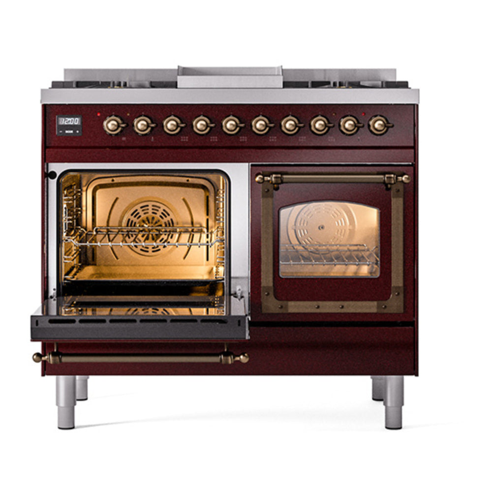 ILVE Nostalgie II Noblesse 40" Burgundy Dual Fuel Range with 6 Burners and Griddle Triple Glass Door Natural Gas