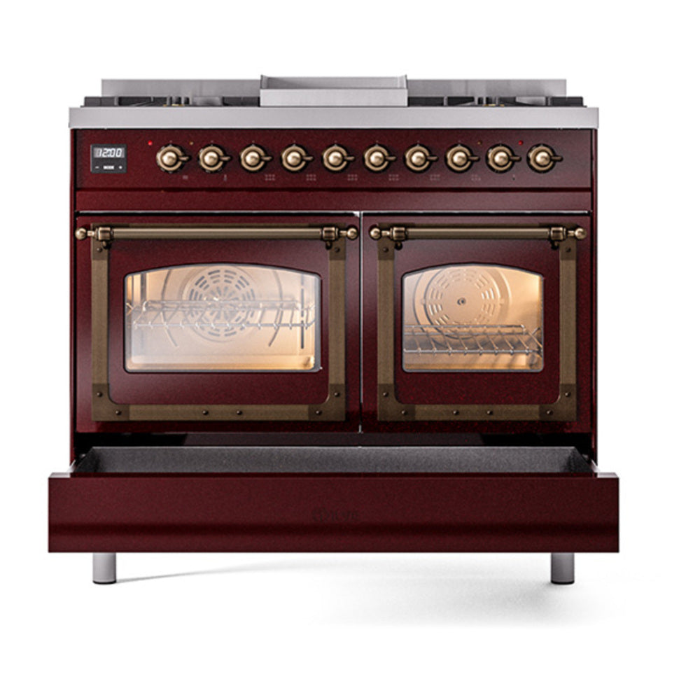 ILVE Nostalgie II Noblesse 40" Burgundy Dual Fuel Range with 6 Burners and Griddle Triple Glass Door Natural Gas