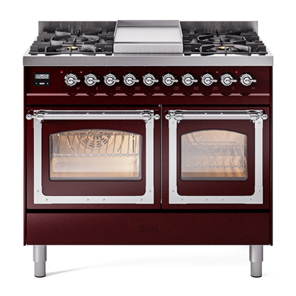 ILVE Nostalgie II Noblesse 40" Burgundy Dual Fuel Range with 6 Burners and Griddle Triple Glass Door Natural Gas