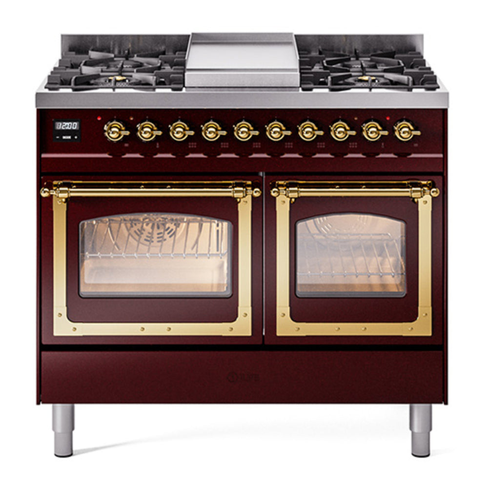 ILVE Nostalgie II Noblesse 40" Burgundy Dual Fuel Range with 6 Burners and Griddle Triple Glass Door Natural Gas