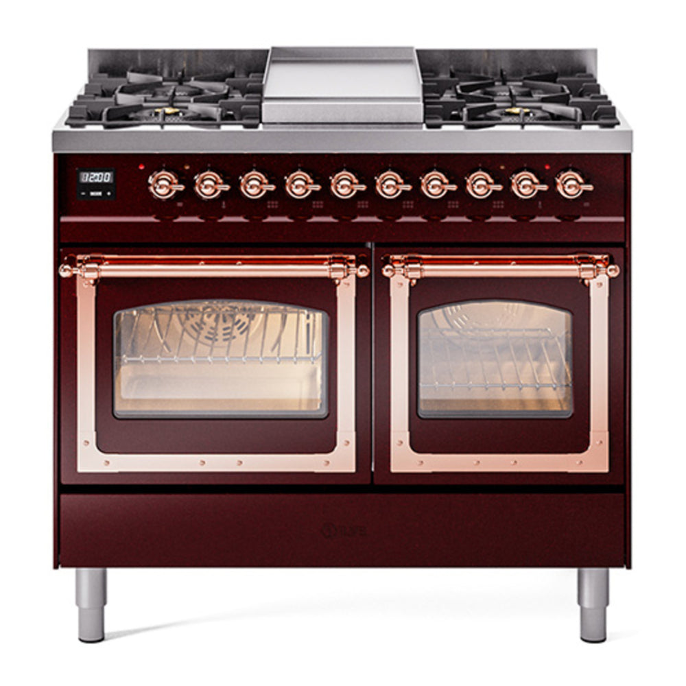 ILVE Nostalgie II Noblesse 40" Burgundy Dual Fuel Range with 6 Burners and Griddle Triple Glass Door Natural Gas