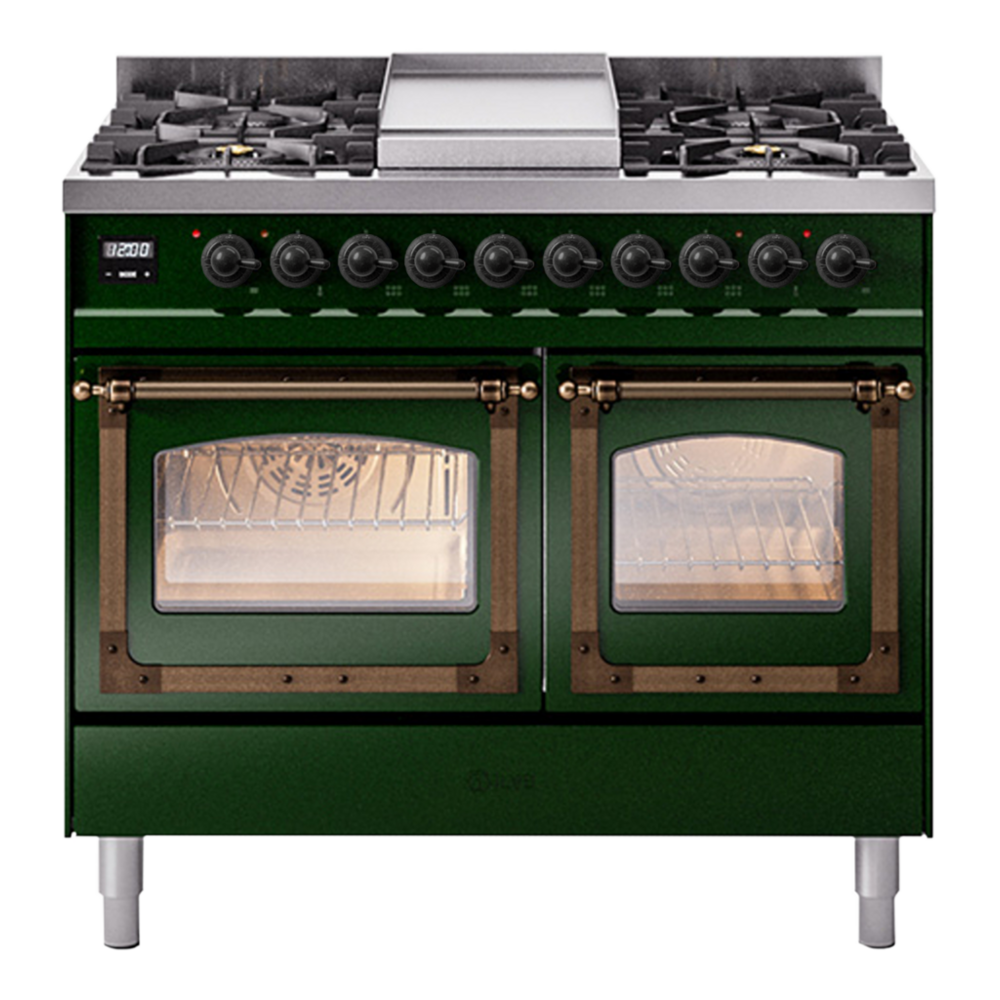 ILVE Nostalgie II Noblesse 40" Emerald Green Dual Fuel Range with 6 Burners and Griddle Triple Glass Door Natural Gas
