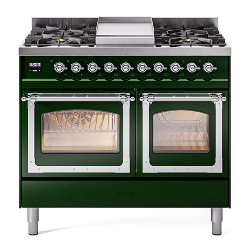 ILVE Nostalgie II Noblesse 40" Emerald Green Dual Fuel Range with 6 Burners and Griddle Triple Glass Door Natural Gas