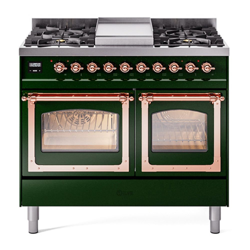 ILVE Nostalgie II Noblesse 40" Emerald Green Dual Fuel Range with 6 Burners and Griddle Triple Glass Door Natural Gas