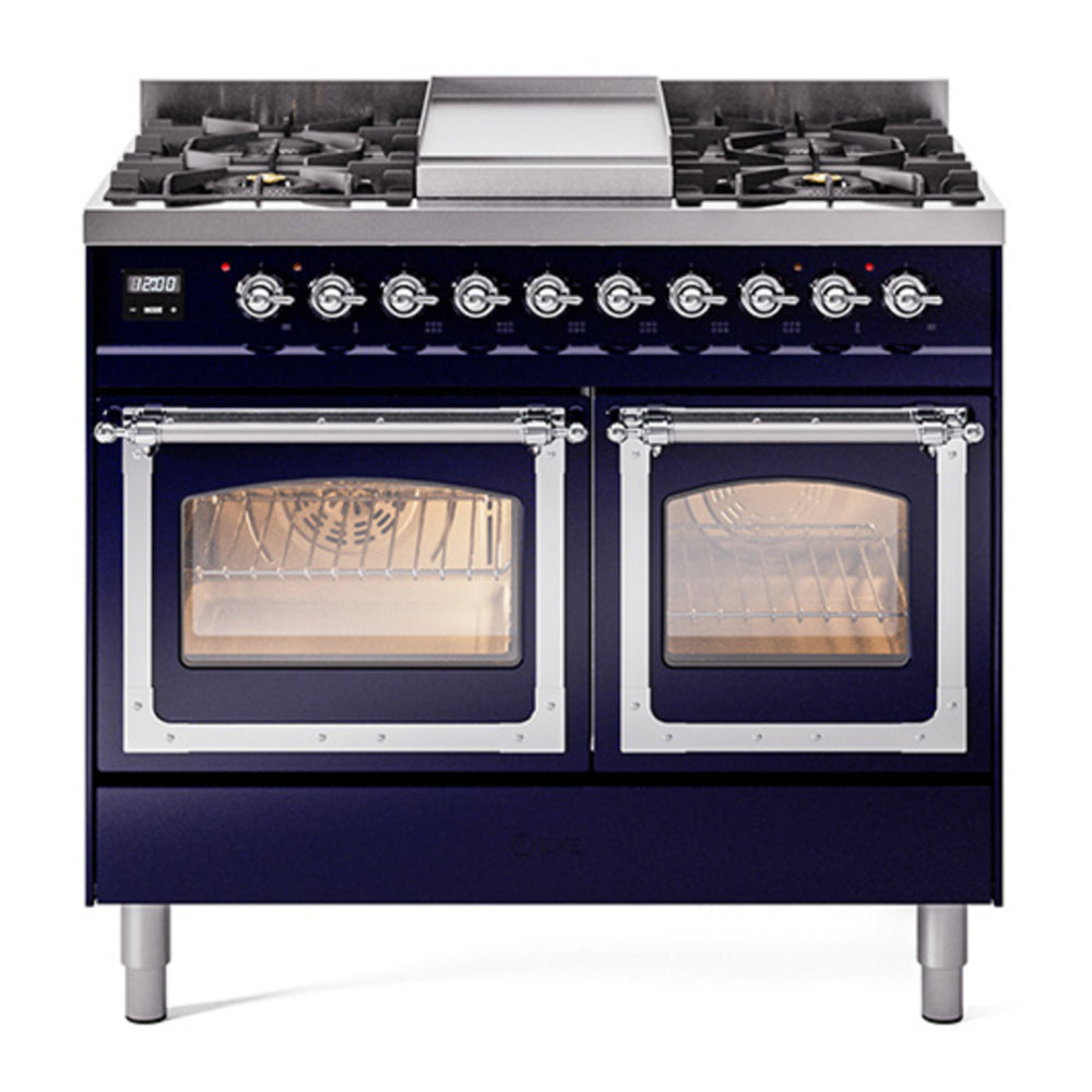 ILVE Nostalgie II Noblesse 40" Midnight Blue Dual Fuel Range with 6 Burners and Griddle Triple Glass Door Natural Gas