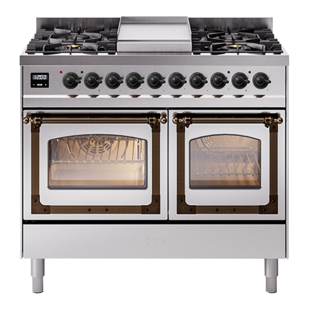 ILVE Nostalgie II Noblesse 40" Stainless Steel Dual Fuel Range with 6 Burners and Griddle Triple Glass Door Natural Gas