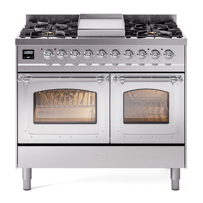 ILVE Nostalgie II Noblesse 40" Stainless Steel Dual Fuel Range with 6 Burners and Griddle Triple Glass Door Liquid Propane