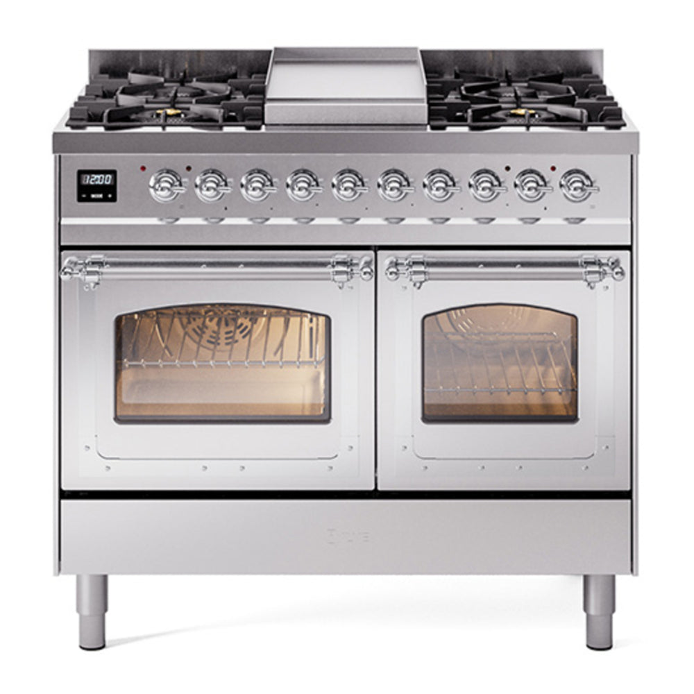 ILVE Nostalgie II Noblesse 40" Stainless Steel Dual Fuel Range with 6 Burners and Griddle Triple Glass Door Natural Gas
