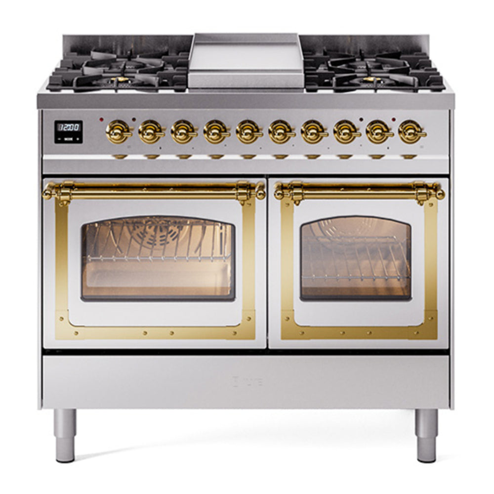 ILVE Nostalgie II Noblesse 40" Stainless Steel Dual Fuel Range with 6 Burners and Griddle Triple Glass Door Natural Gas