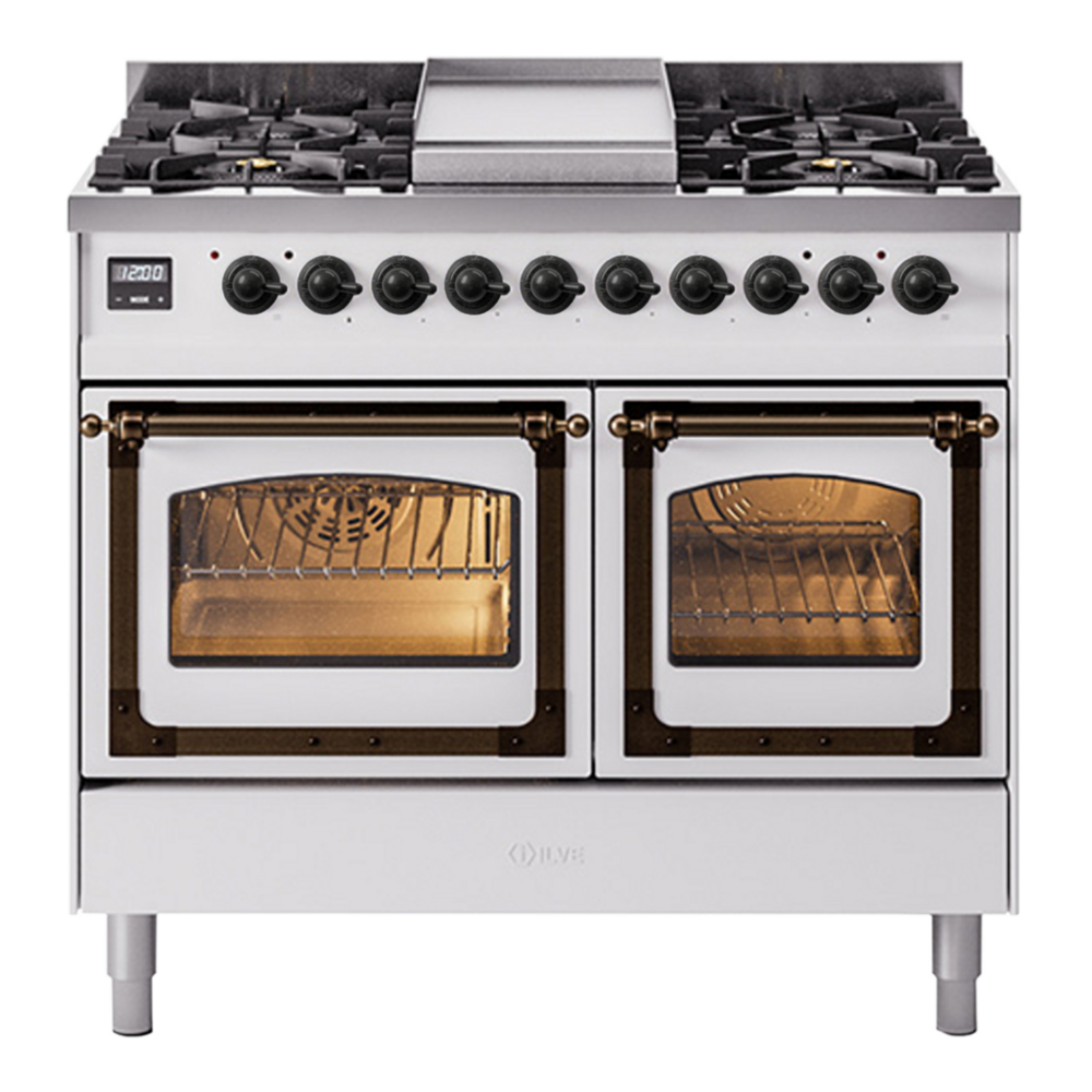 ILVE Nostalgie II Noblesse 40" White Dual Fuel Range with 6 Burners and Griddle Triple Glass Door Natural Gas