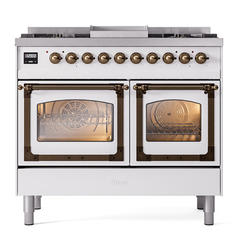 ILVE Nostalgie II Noblesse 40" White Dual Fuel Range with 6 Burners and Griddle Triple Glass Door Natural Gas