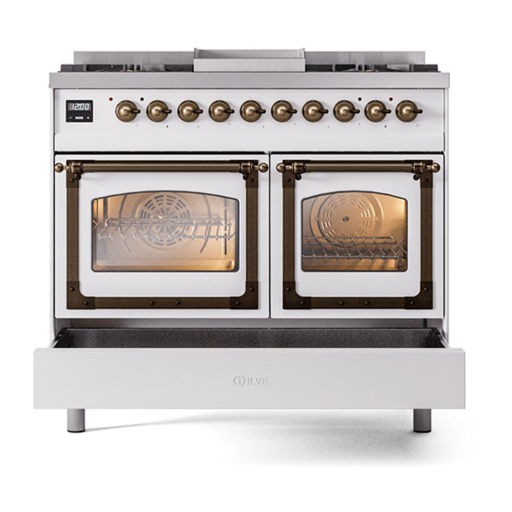 ILVE Nostalgie II Noblesse 40" White Dual Fuel Range with 6 Burners and Griddle Triple Glass Door Natural Gas
