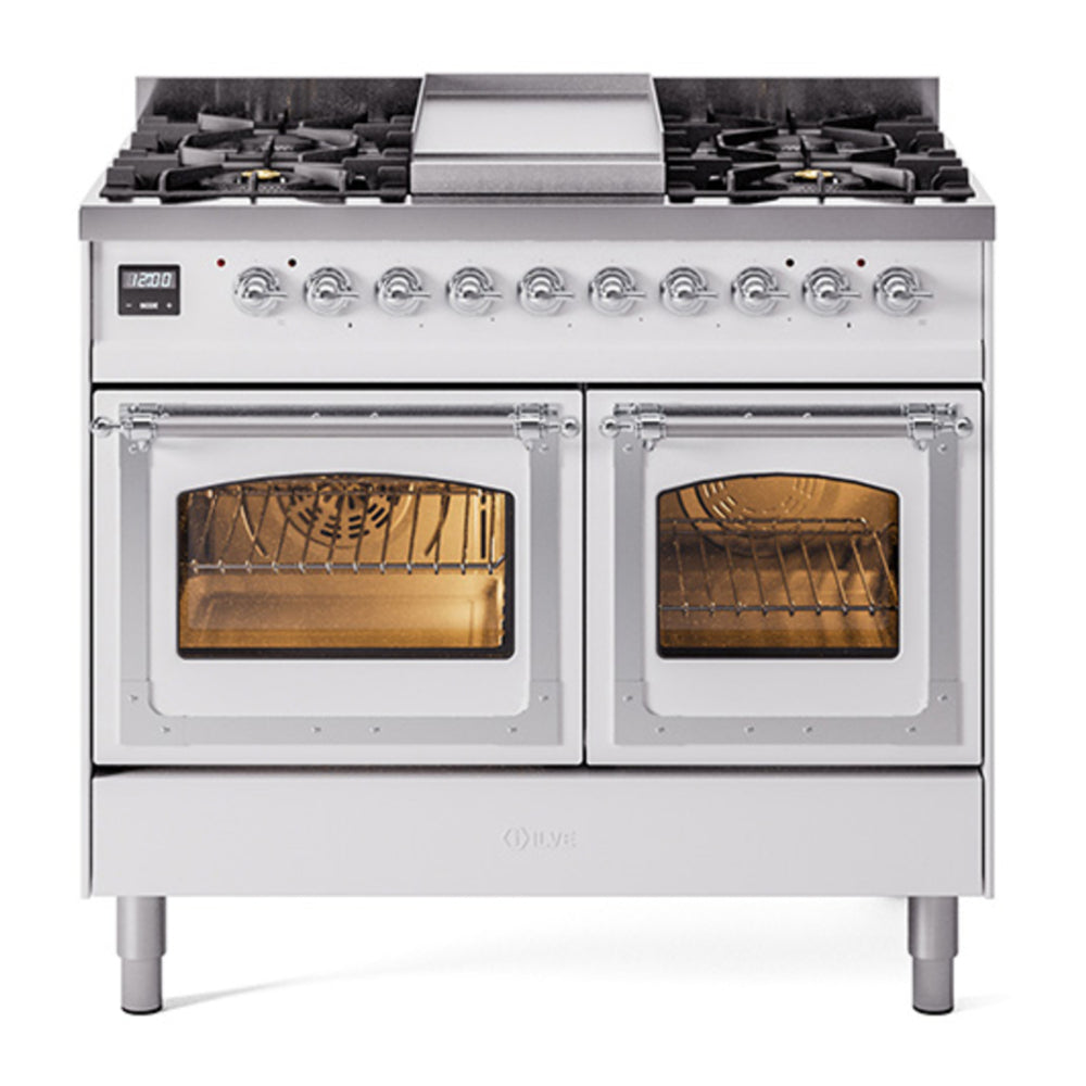 ILVE Nostalgie II Noblesse 40" White Dual Fuel Range with 6 Burners and Griddle Triple Glass Door Natural Gas