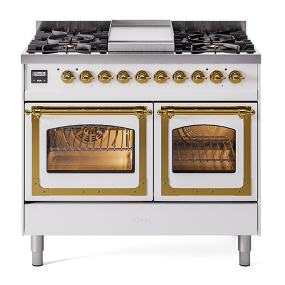 ILVE Nostalgie II Noblesse 40" White Dual Fuel Range with 6 Burners and Griddle Triple Glass Door Natural Gas