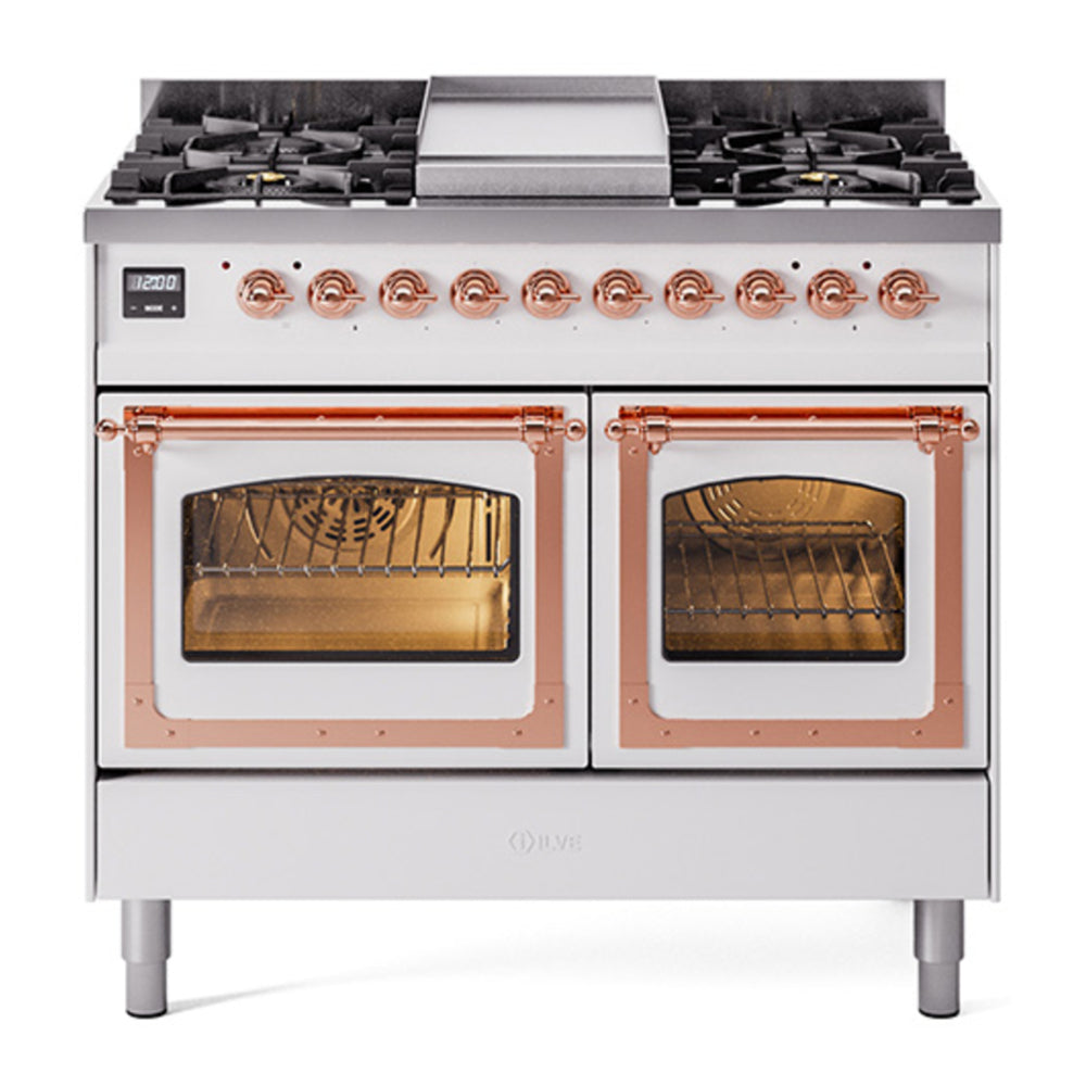 ILVE Nostalgie II Noblesse 40" White Dual Fuel Range with 6 Burners and Griddle Triple Glass Door Natural Gas