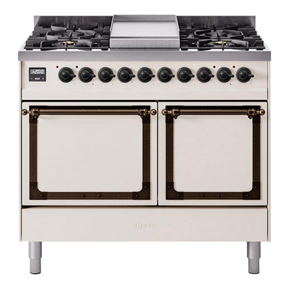 ILVE Nostalgie II Noblesse 40" Antique White Dual Fuel Range with 6 Burners and Griddle Solid Door Natural Gas