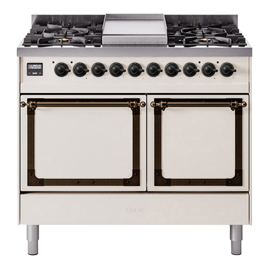 ILVE Nostalgie II Noblesse 40" Antique White Dual Fuel Range with 6 Burners and Griddle Solid Door Natural Gas