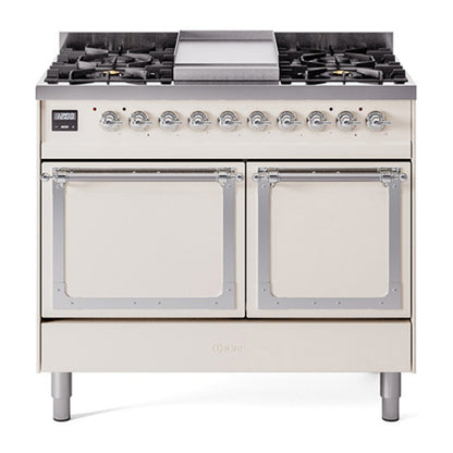 ILVE Nostalgie II Noblesse 40" Antique White Dual Fuel Range with 6 Burners and Griddle Solid Door Liquid Propane