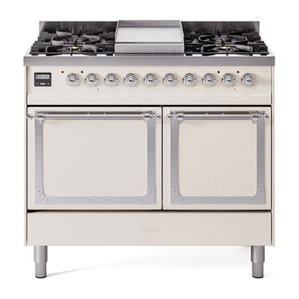 ILVE Nostalgie II Noblesse 40" Antique White Dual Fuel Range with 6 Burners and Griddle Solid Door Natural Gas