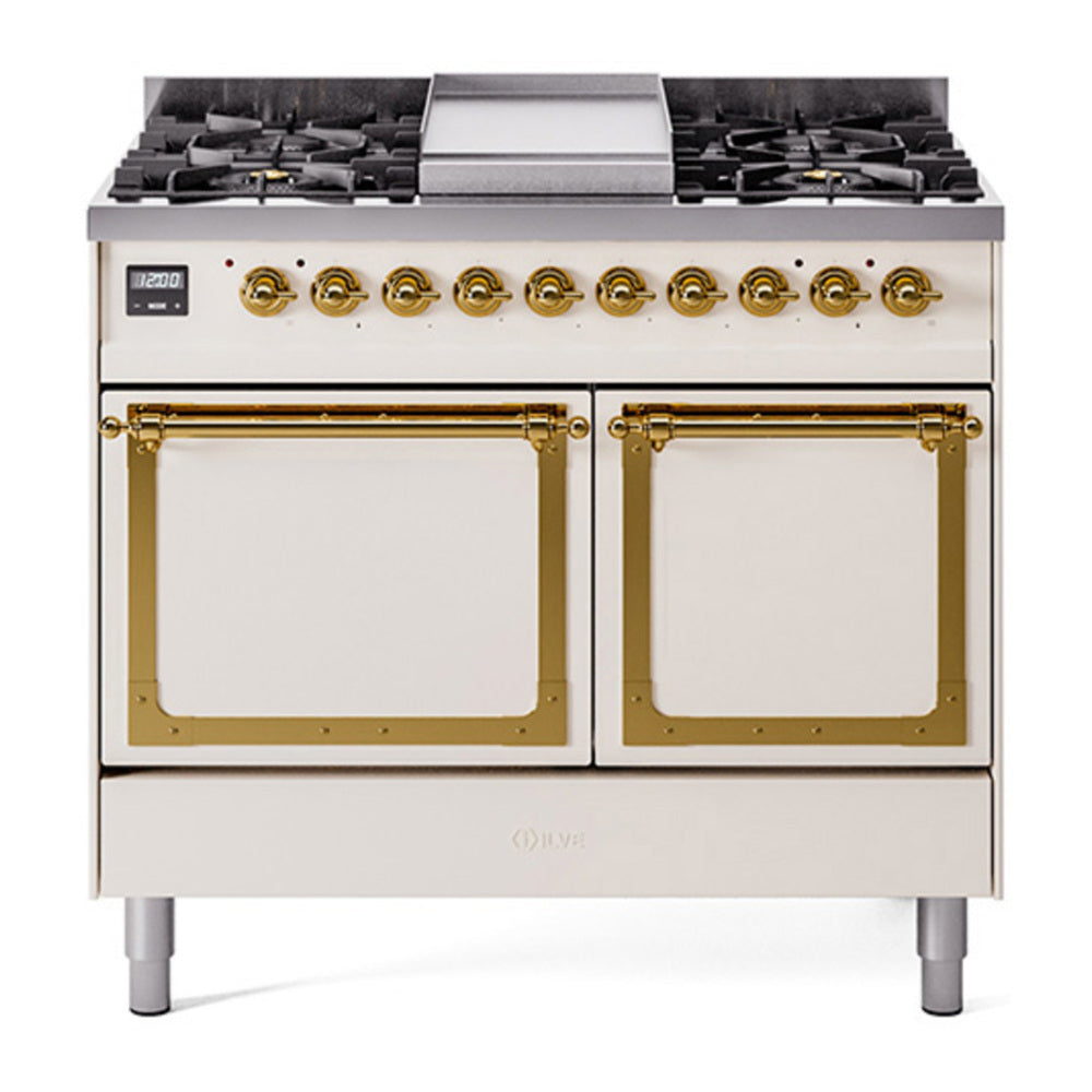 ILVE Nostalgie II Noblesse 40" Antique White Dual Fuel Range with 6 Burners and Griddle Solid Door Natural Gas