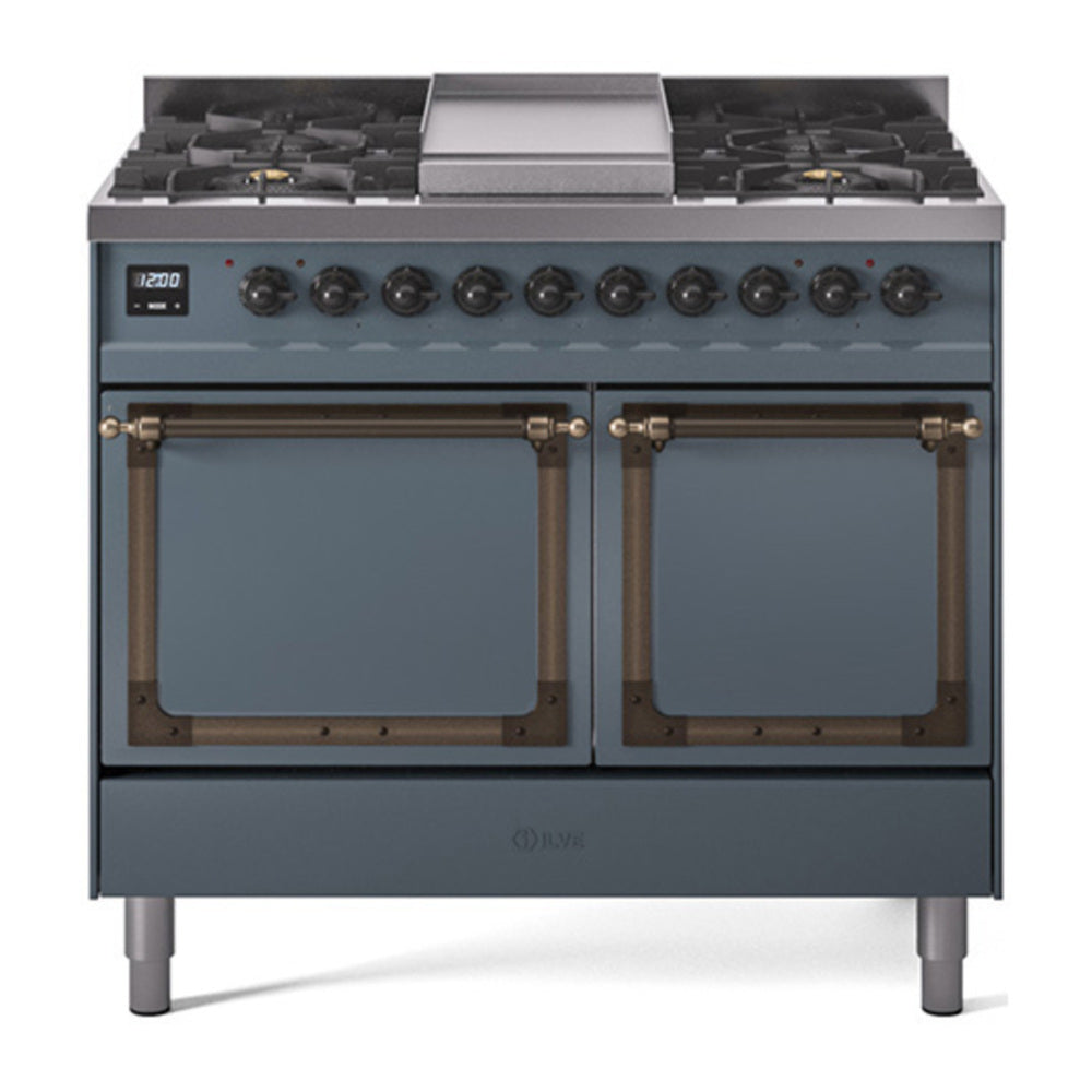 ILVE Nostalgie II Noblesse 40" Blue Grey Dual Fuel Range with 6 Burners and Griddle Solid Door Natural Gas