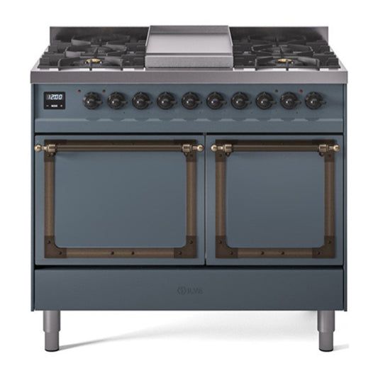 ILVE Nostalgie II Noblesse 40" Blue Grey Dual Fuel Range with 6 Burners and Griddle Solid Door Natural Gas