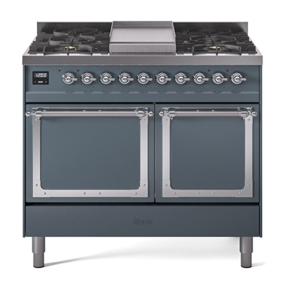 ILVE Nostalgie II Noblesse 40" Blue Grey Dual Fuel Range with 6 Burners and Griddle Solid Door Natural Gas