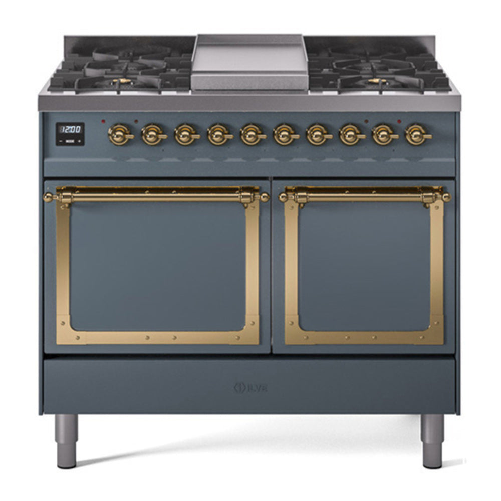 ILVE Nostalgie II Noblesse 40" Blue Grey Dual Fuel Range with 6 Burners and Griddle Solid Door Natural Gas
