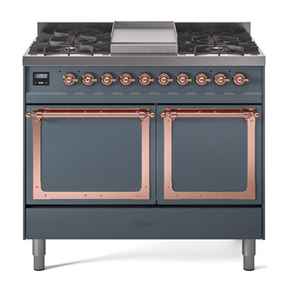 ILVE Nostalgie II Noblesse 40" Blue Grey Dual Fuel Range with 6 Burners and Griddle Solid Door Natural Gas