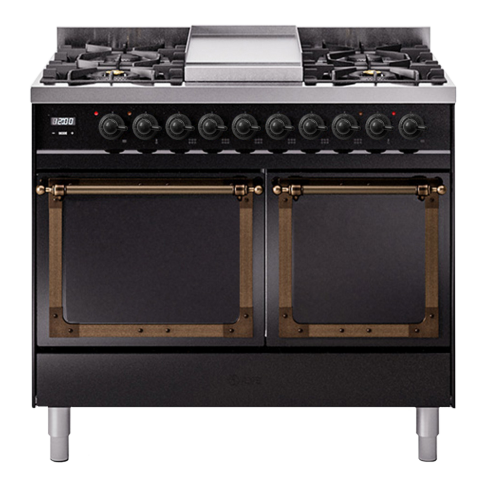 ILVE Nostalgie II Noblesse 40" Glossy Black Dual Fuel Range with 6 Burners and Griddle Solid Door Natural Gas