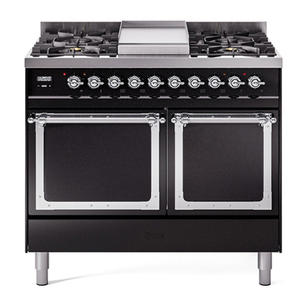 ILVE Nostalgie II Noblesse 40" Glossy Black Dual Fuel Range with 6 Burners and Griddle Solid Door Natural Gas