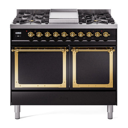 ILVE Nostalgie II Noblesse 40" Glossy Black Dual Fuel Range with 6 Burners and Griddle Solid Door Liquid Propane