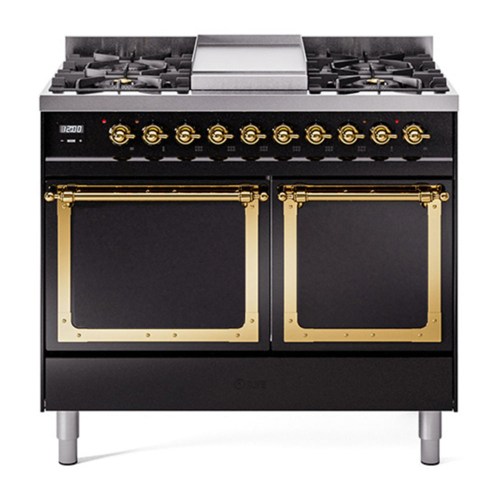 ILVE Nostalgie II Noblesse 40" Glossy Black Dual Fuel Range with 6 Burners and Griddle Solid Door Natural Gas