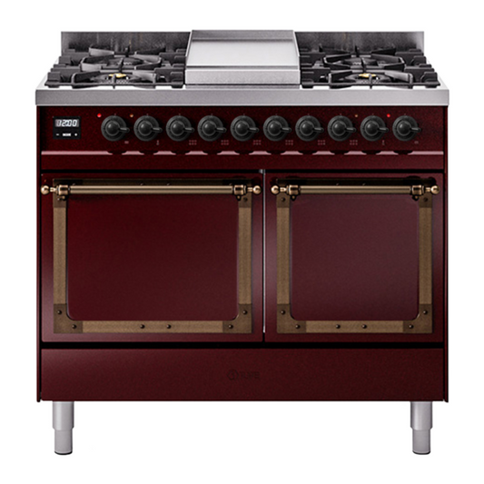 ILVE Nostalgie II Noblesse 40" Burgundy Dual Fuel Range with 6 Burners and Griddle Solid Door Natural Gas