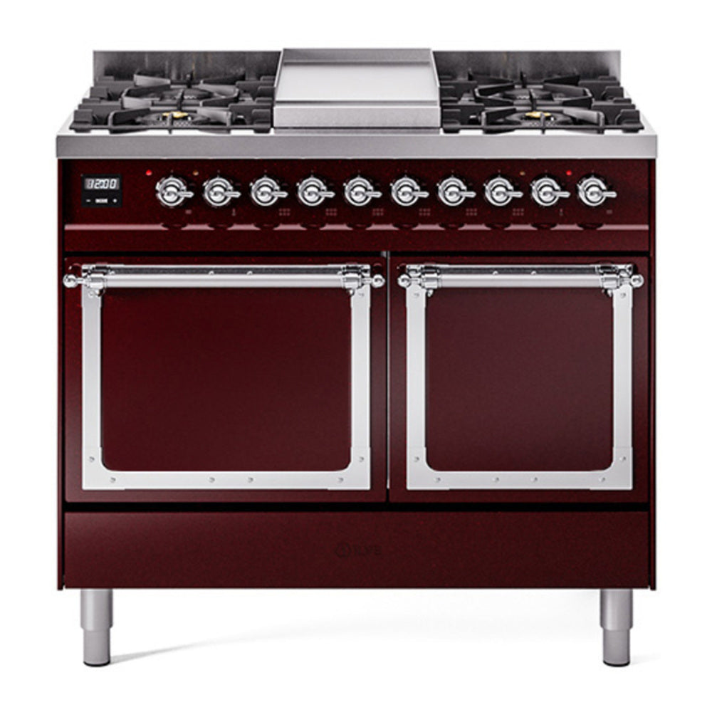 ILVE Nostalgie II Noblesse 40" Burgundy Dual Fuel Range with 6 Burners and Griddle Solid Door Natural Gas